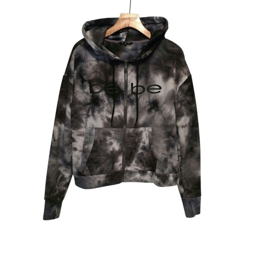 Bebe Sport Hoodie Black Gray Tie-Dyed Front Pocket Athletic Womens Medium
